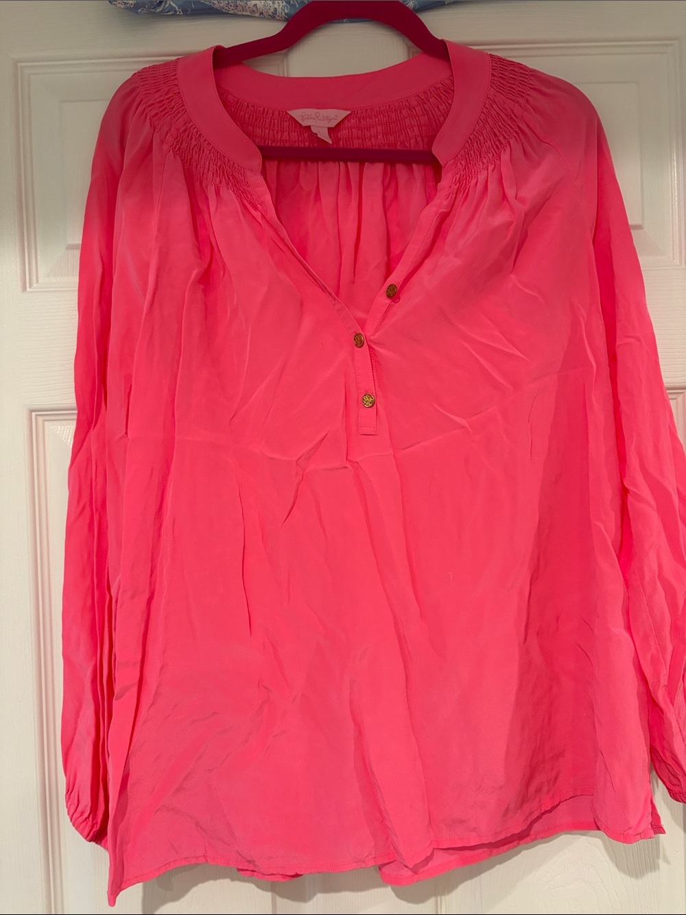 Lilly Pulitzer Bright Pink Smocked Yoke Button-Front Blouse